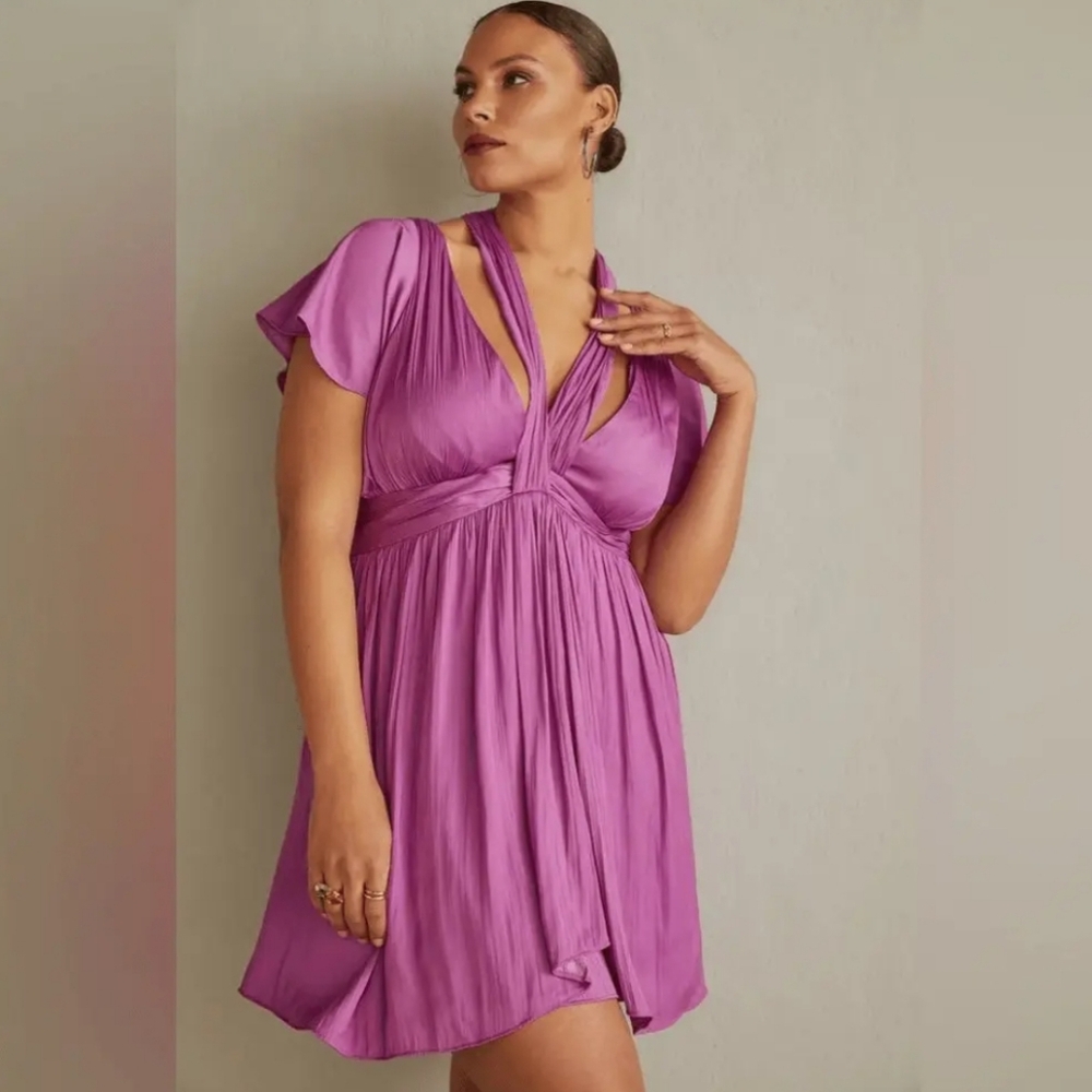 Anthropologie deep v neck vibrant purple flutter mini dress